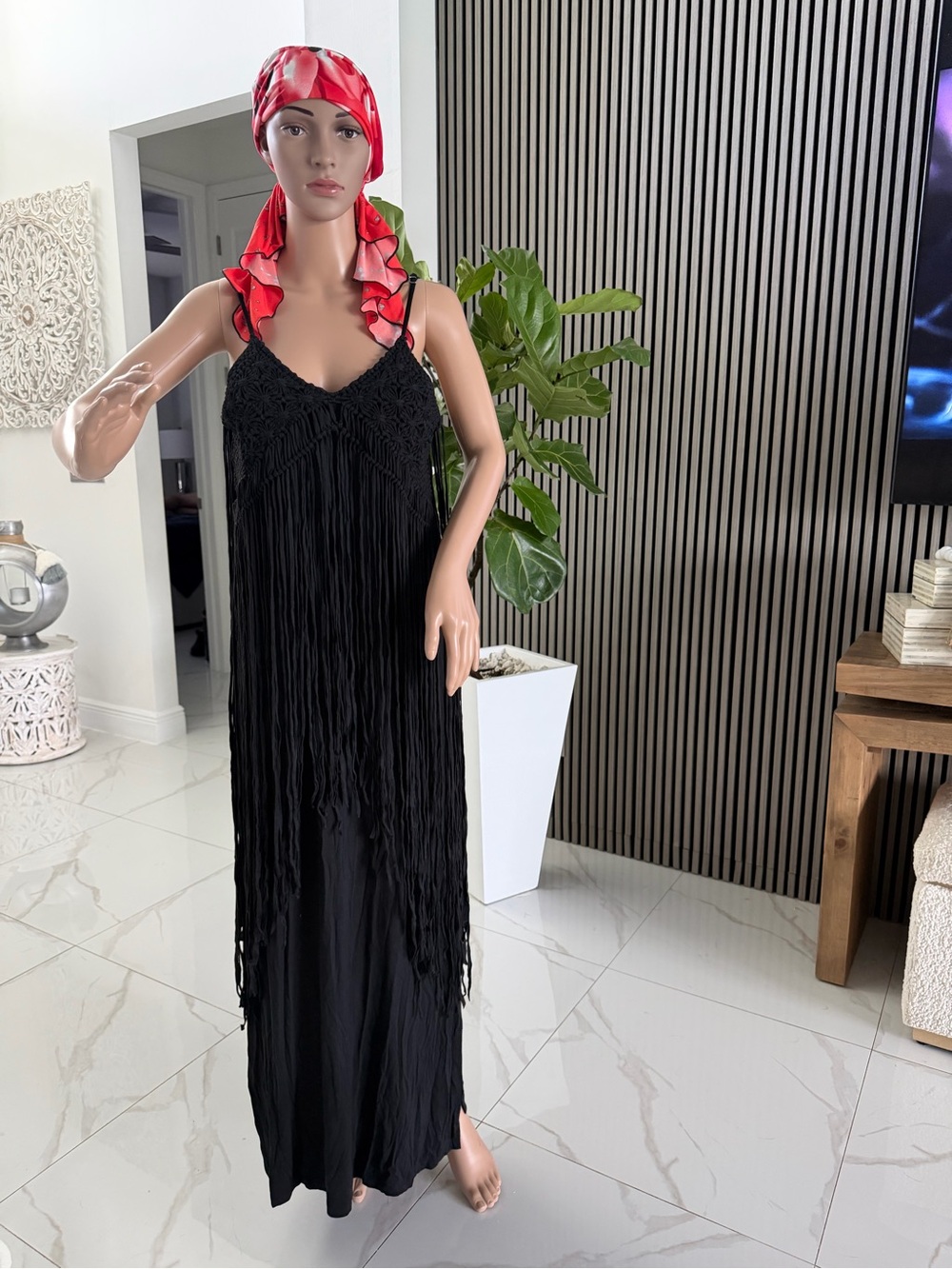 Boston Proper Black Fringe Maxi Dress